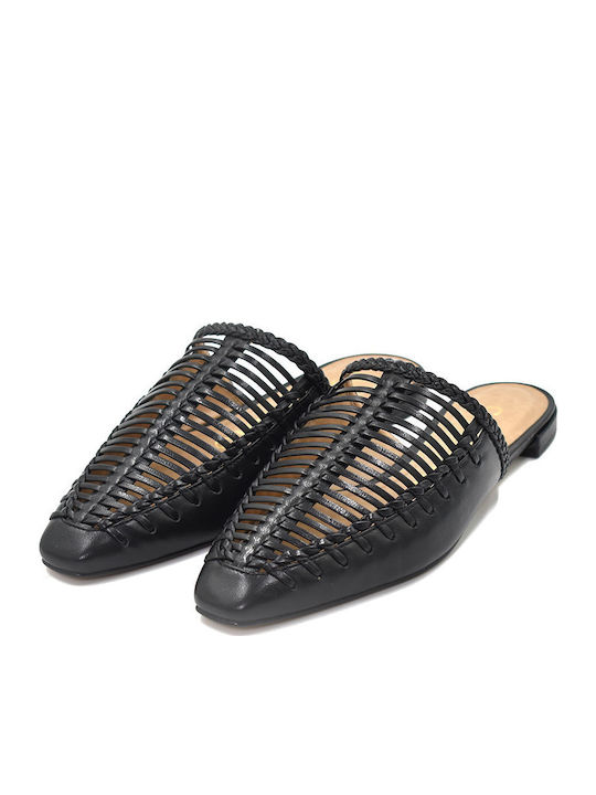 Flach Leder Mules in Schwarz Farbe