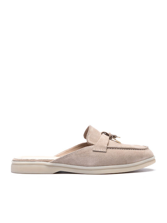 Philippe Lang Flach Leder Mules in Beige Farbe