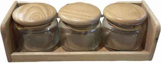 Lampiris Interiors Set of 3 Tea Jars with Lid and Wooden Stand Transparent 34x13x10cm 3 Pieces