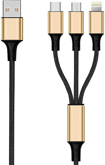 2GO Braided USB to Lightning / Type-C / micro USB Cable Χρυσό 1.5m (797152)