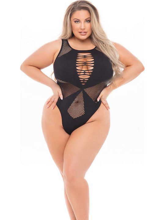 Pink Lipstick Lingerie Plus Size Sexy Κορμάκι Διχτυωτό Μαύρο