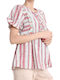 Remix Women's Summer Blouse Short Sleeve Striped Red