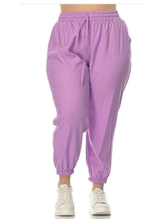 Honey Women's High-waisted Fabric Capri Trousers with Elastic Purple