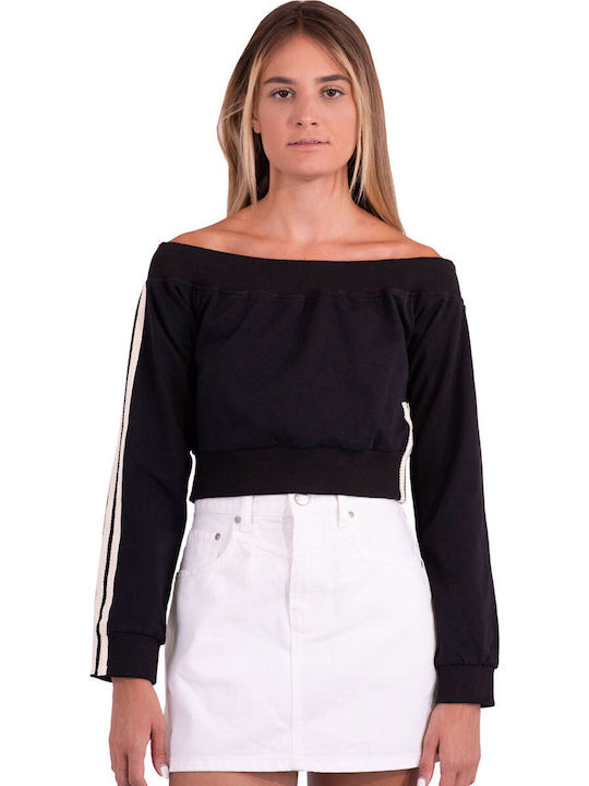Damen Crop Top Schulterfrei Baumwoll Langärmelig Schwarze