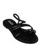 Leather Women's Flat Sandals with Strap in Black Color