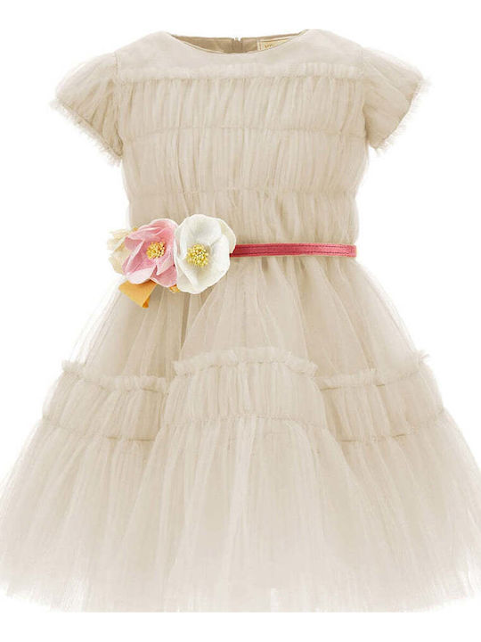 Children's Dress Short Sleeve Tulle Beige