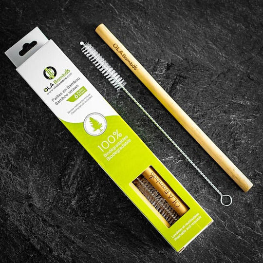Ola Bamboo Καλαμάκια Μπαμπού Καφέ με Βουρτσάκι 6τμχ
