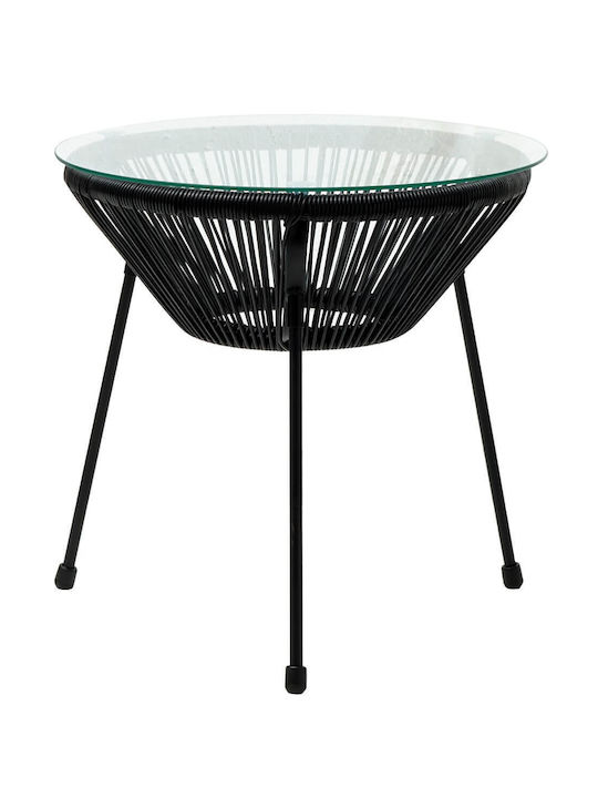 Sitting Room Outdoor Table with Glass Surface and Metal Frame Black 50x50x47cm