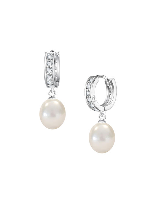 Margaritari Earrings Hoops from Silver with Stones & Pearls