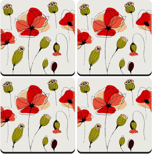 Koupakoupa flowers Σουβέρ Ξύλινο Κόκκινο 4τμχ