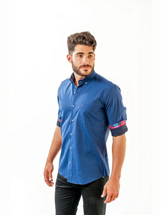 Long-sleeved Cotton Shirt Checked Navy Blue