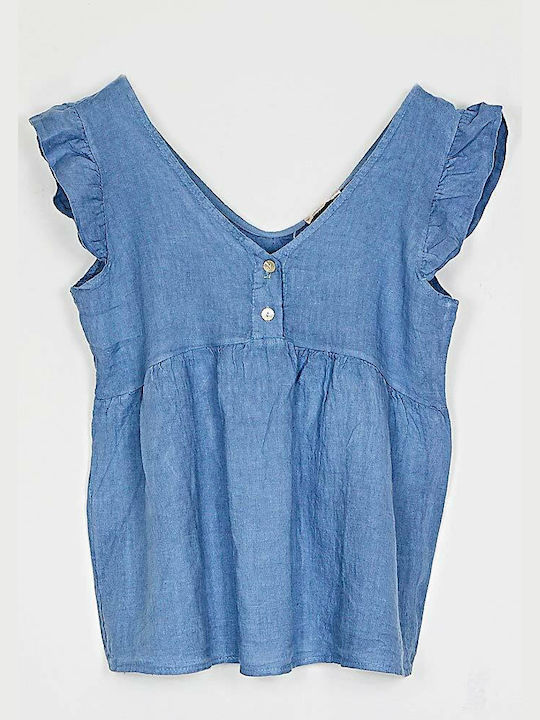 Cuca Women's Summer Blouse Linen Sleeveless with V Neck Blue