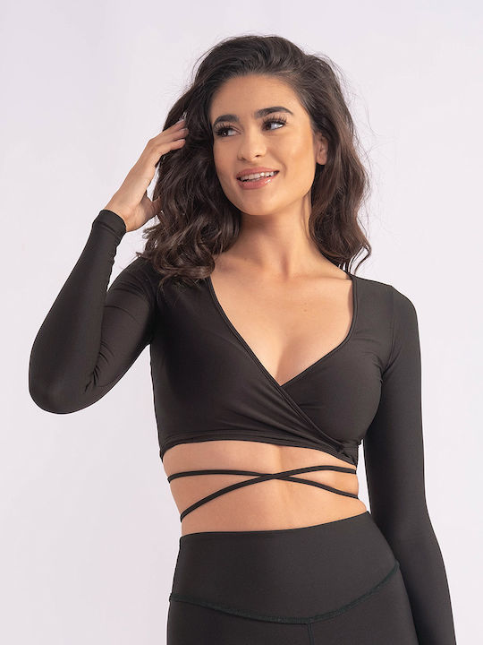 The Lady Women's Crop Top Satin Long Sleeve Black