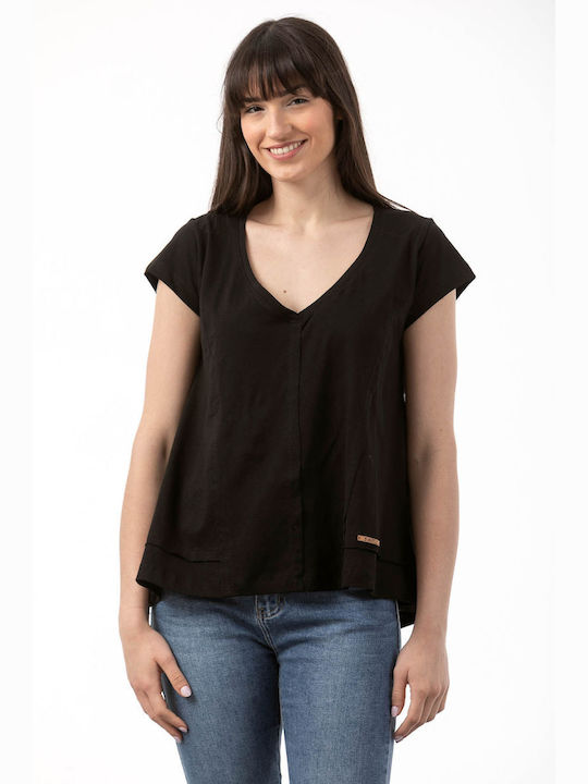 Simple Fashion Damen Sommer Bluse Baumwolle Kurzärmelig mit V-Ausschnitt Schwarz