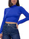 Women's Crop Top Turtleneck Long Sleeve Blue
