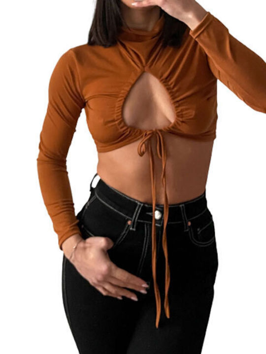 Chica Γυναικείο Crop Top Μακρυμάνικο Καφέ