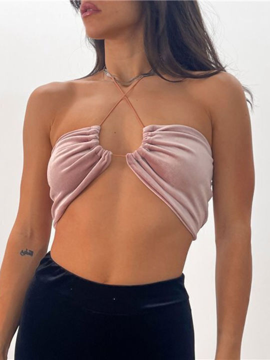 Chica Women's Crop Top Velvet Long Sleeve Pink
