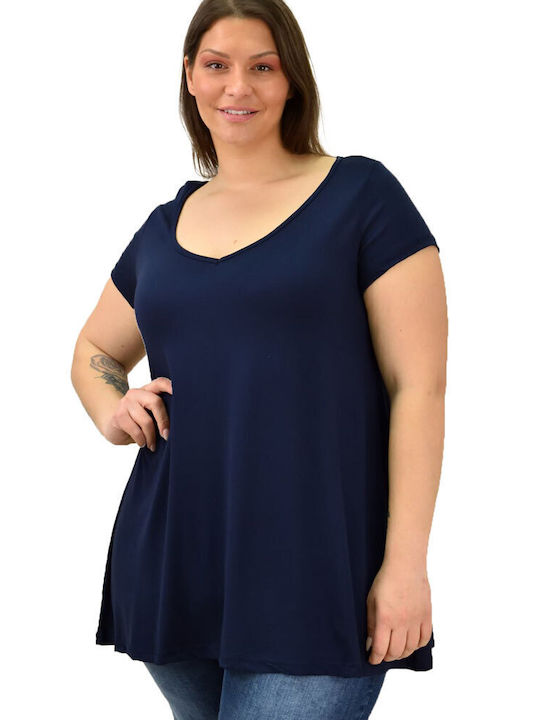 First Woman Women's Summer Blouse Short Sleeve with V Neck Navy Blue