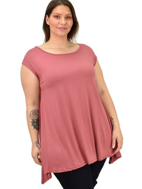 First Woman Γυναικείο Oversized T-shirt με V Λαιμόκοψη Ροζ