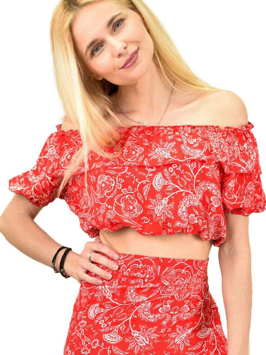 First Woman Women's Summer Crop Top Off-Shoulder Cotton Short Sleeve Floral Red