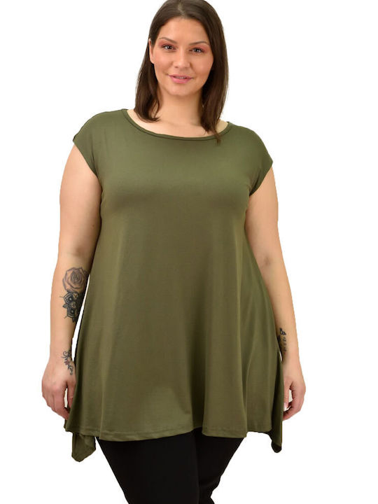 First Woman Damen Sommerliche Bluse Kurzärmelig mit V-Ausschnitt Khaki