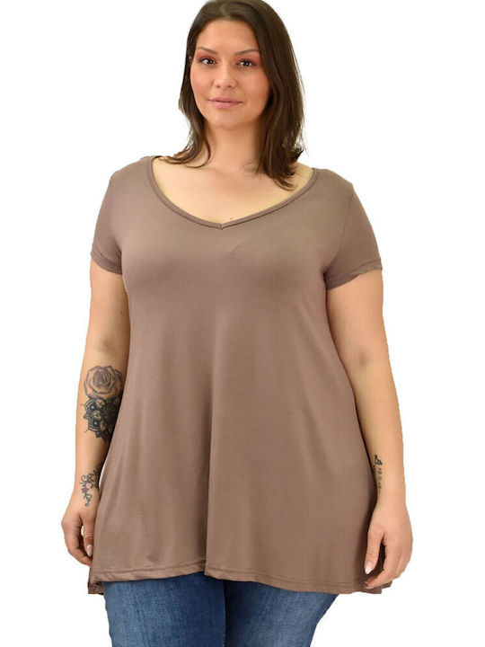 First Woman Women's Oversized T-shirt with V Neck Beige