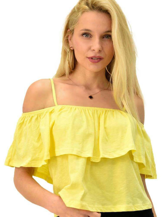 First Woman Women's Summer Blouse Off-Shoulder Short Sleeve Yellow