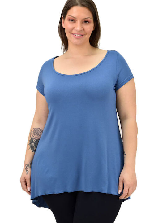 First Woman Women's Summer Blouse Short Sleeve Blue