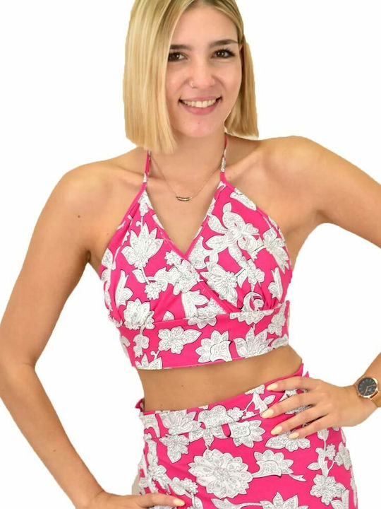 First Woman Women's Summer Crop Top with Straps Floral Fuchsia