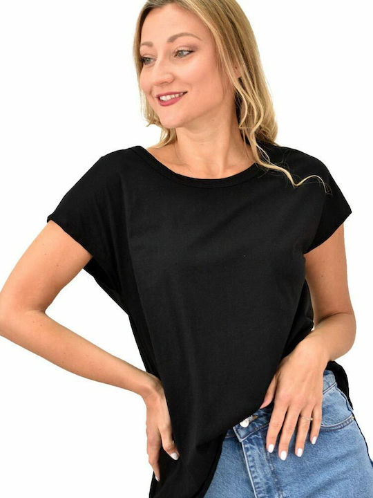 First Woman Women's Summer Blouse Cotton Short Sleeve with V Neckline Black