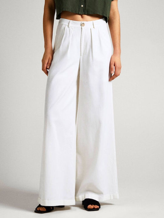 Pepe Jeans Women's Fabric Trousers in Palazzo Fit White