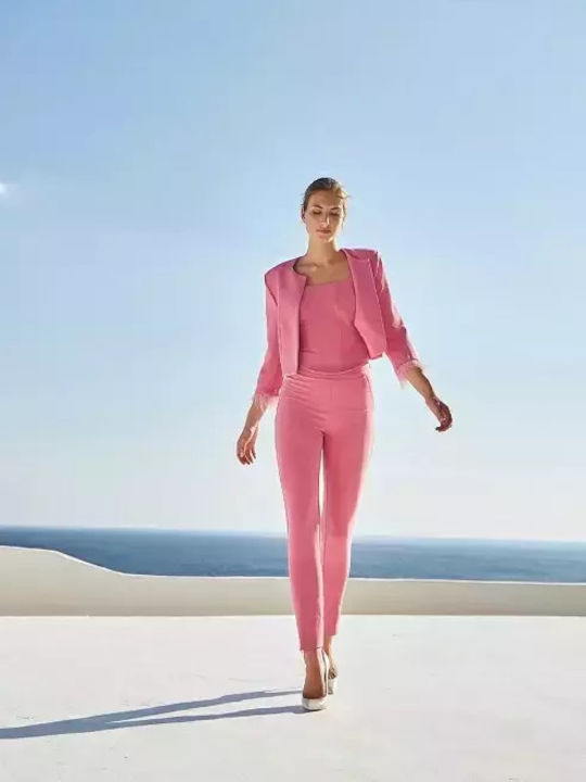 Women's High-waisted Fabric Trousers Slim Fit Pink