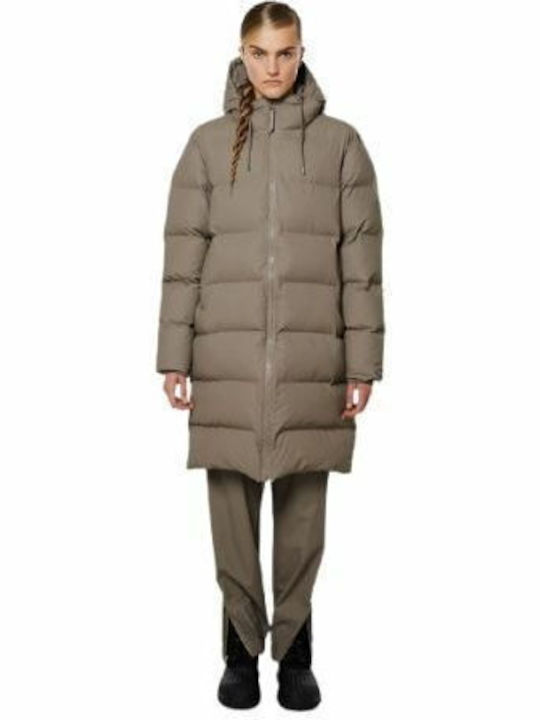 Rains Women's Long Puffer Jacket for Winter with Hood Beige