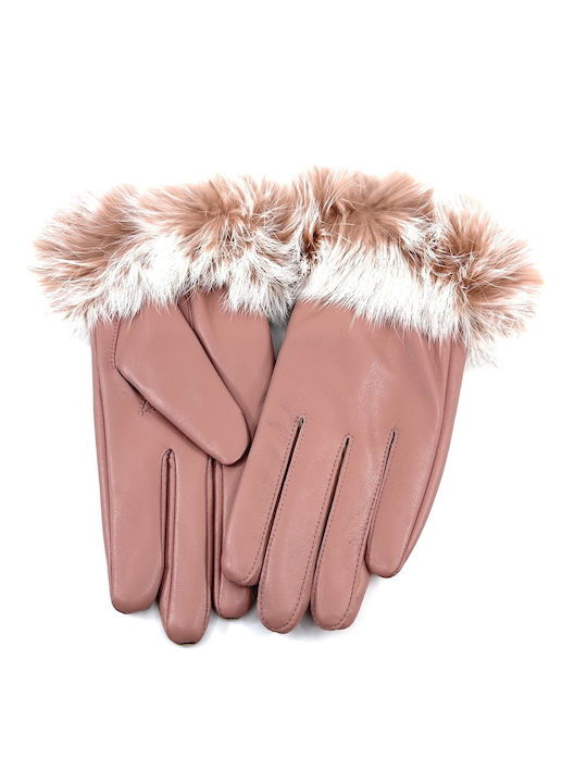 Legend Accessories Ροζ Γυναικεία Δερμάτινα Γάντια Αφής με Γούνα