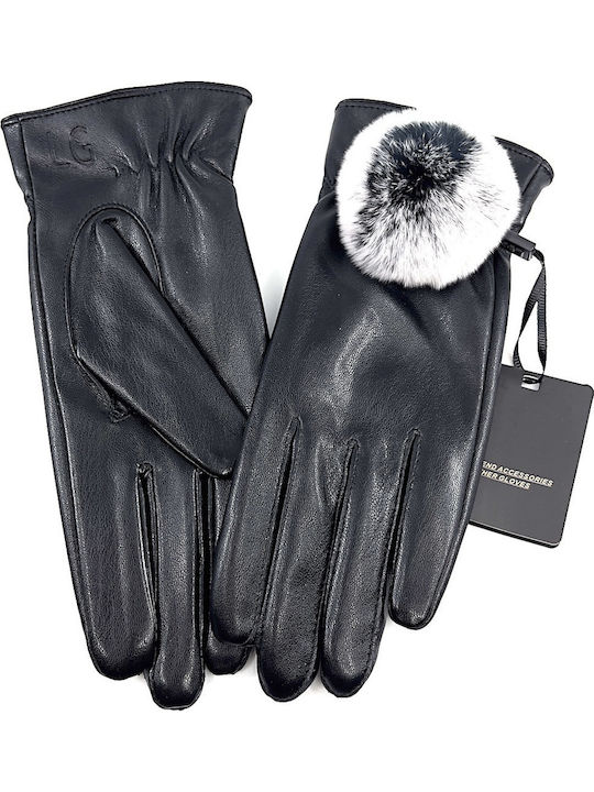 Women's Leather Touch Gloves with Fur Black