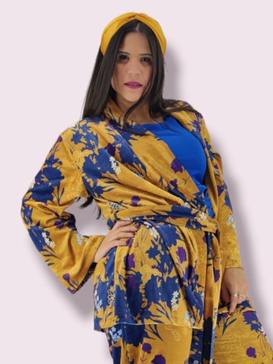 Women's Yellow Set with Pants with Elastic in Loose Fit Floral