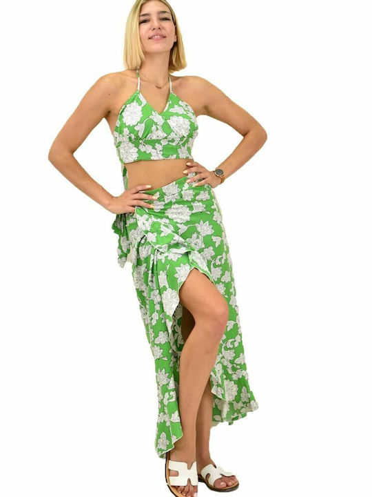 First Woman Set with High Waist Maxi Skirt Floral in Green color