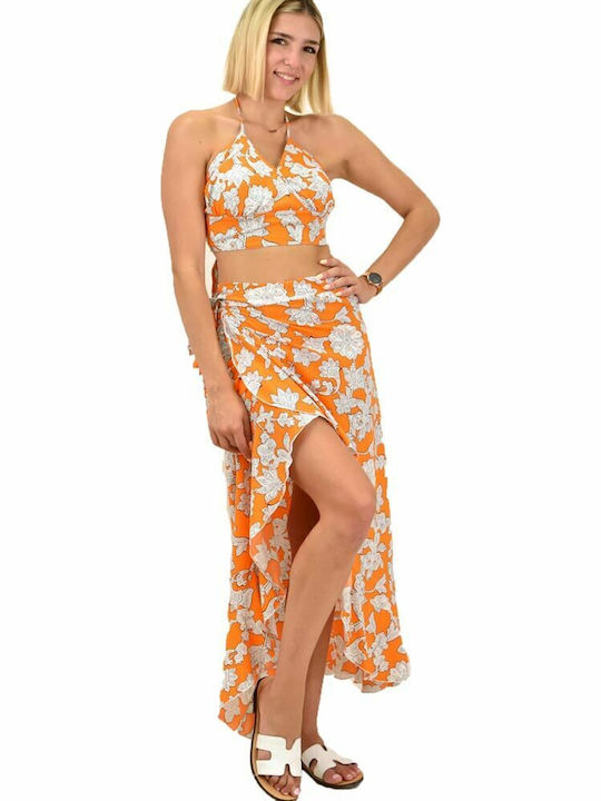 Set mit Hoch tailliert Maxi Rock Blumen Orange