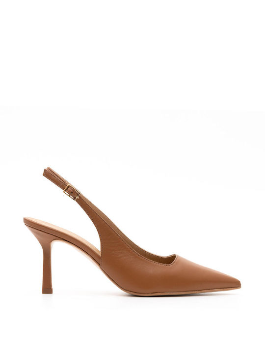 Philippe Lang Leather Pointed Toe Tabac Brown Heels with Strap