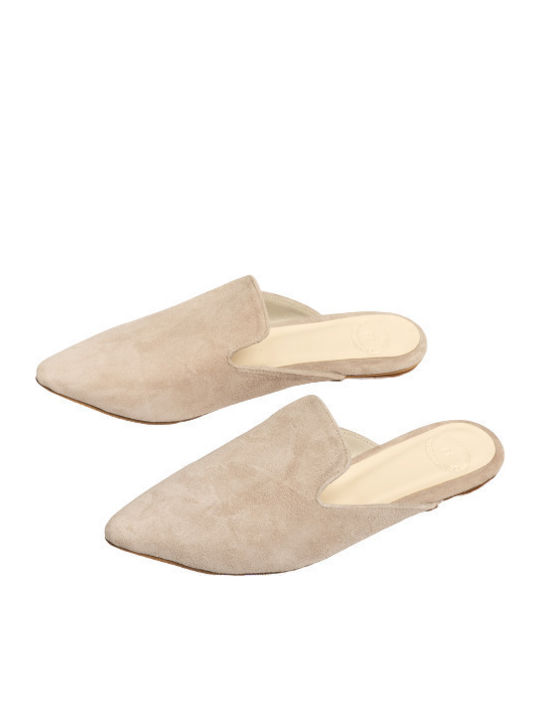 Flach Wildleder Mules in Beige Farbe