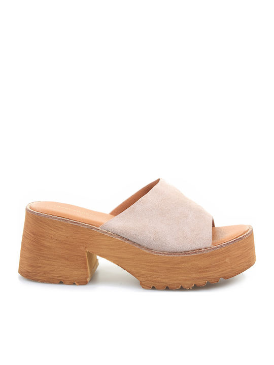 Suede Mules με Χοντρό Ψηλό Τακούνι σε Μπεζ Χρώμα