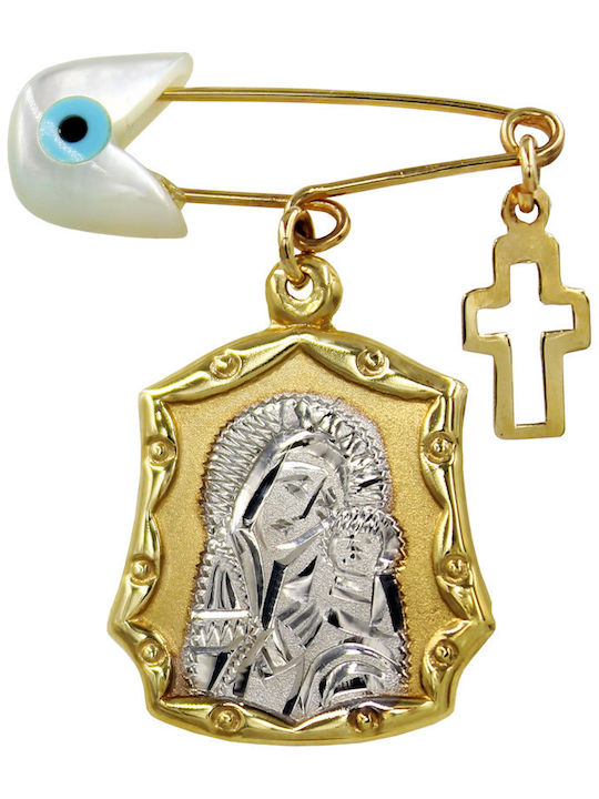 Roloi Kaliamanis Child Safety Pin made of Gold and White Gold 14K with Cross and Icon of the Virgin Mary