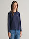 Women's Blouse Cotton Long Sleeve with V Neckline Navy Blue