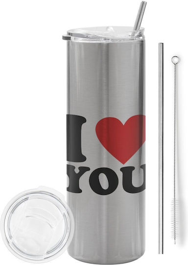 Koupakoupa I LOVE YOU Eco friendly Glass Thermos Stainless Steel BPA Free 600ml Silver with Straw