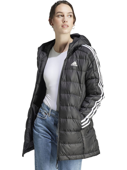Essentials 3-Stripes Light Down Women's Long Puffer Jacket for Winter with Hood Black