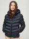 Women's Short Puffer Jacket for Winter with Hood Blue