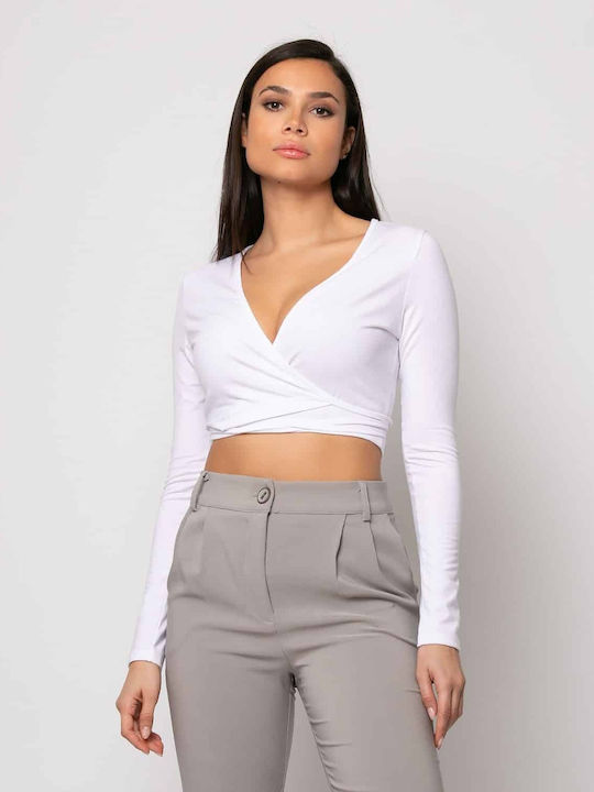 Noobass pentru Femei de Vară Crop Top cu Mâneci Lungi Alb