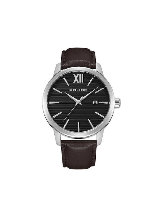 Police Watch Battery with Brown Leather Strap