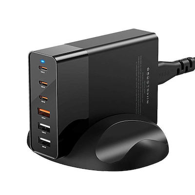 BlitzWolf Încărcător cu cablu integrat cu 3 porturi USB-A și 3 porturi USB-C 75W Încărcare rapidă 3.0 Negru (BW-S25)