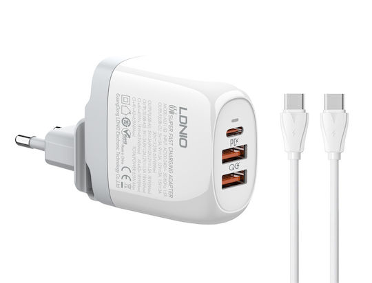 Ldnio Charger with 2 USB-A Ports and USB-C Port and Cable USB-C - USB-C 65W Whites (A3511Q)